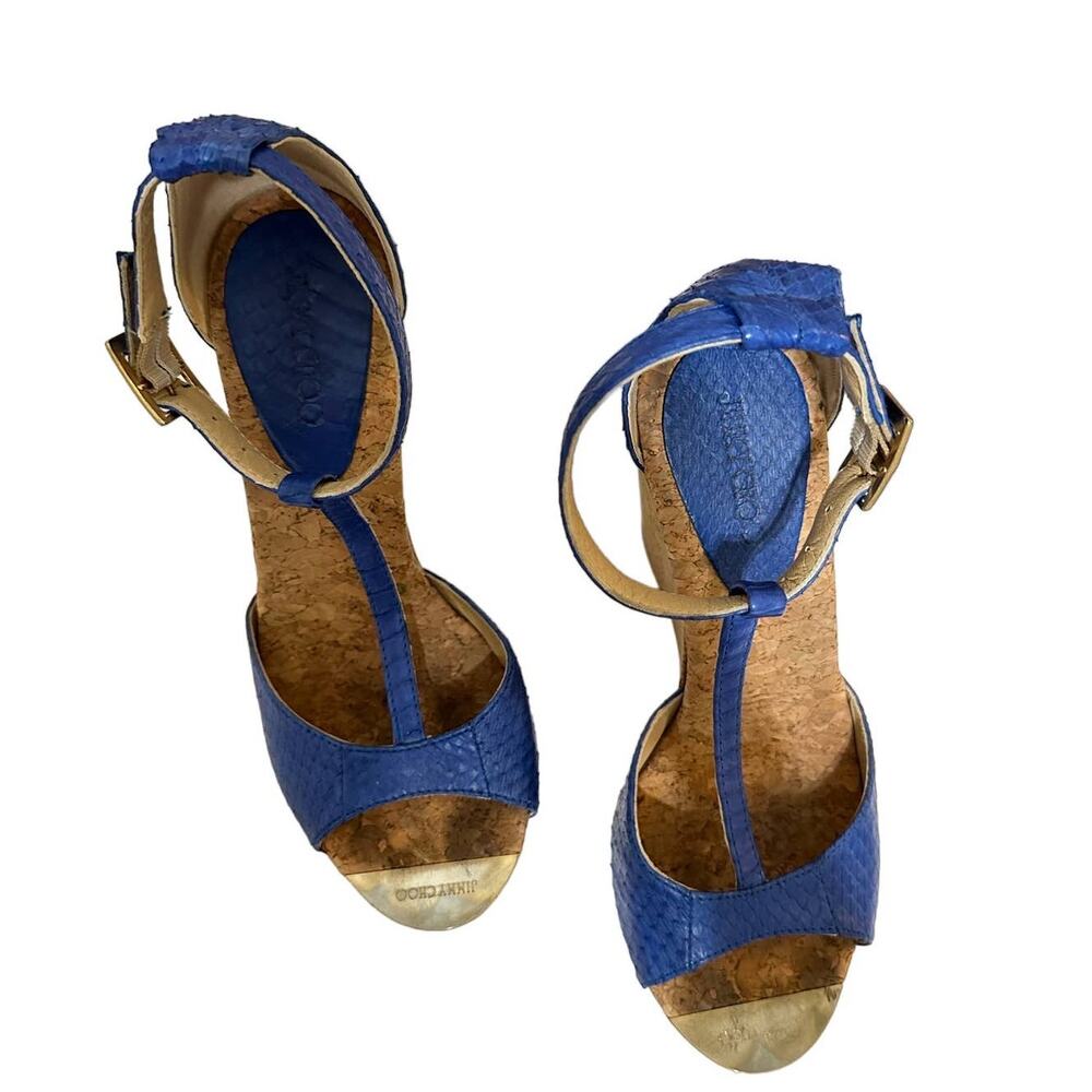 Jimmy Choo Women's Pela Blue Python Leather Cork Wedge Sandals size‎ 38 - Picture 2 of 9